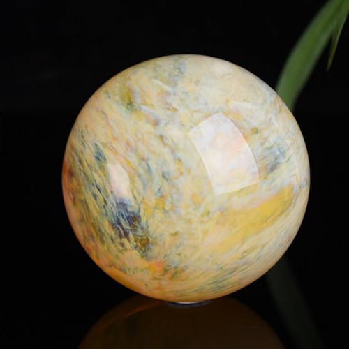 Boule de cristal jaune de 19cm et son socle bois, cadeau idéal de décoration