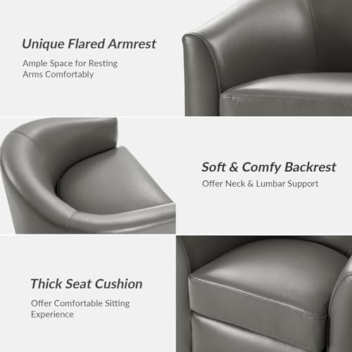 Image of HULALA HOME Genuine Leather Swivel Barrel Chairs Set of 2, Round Swivel Accent Chairs with Solid Wood Base, Leather Barrel Accent Chair for Living Room, No Assembly Required, Grey
