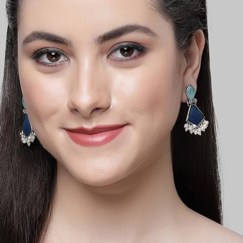 Image of Karatcart Silver Tone Diamond Shape Pink and Blue Carved Stone Studded Drop Earrings for Women