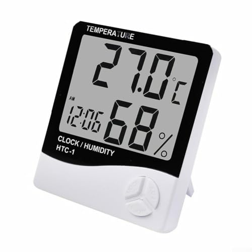 HTC-1 - Medidor de temperatura y humedad sin batería, termómetro digital LCD para habitación, higrómetro interior, medidor de humedad, reloj despertador