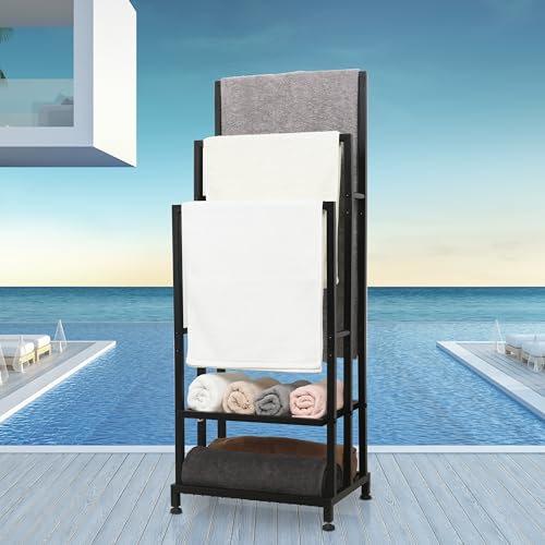 ZOES HOMEWARE Heavy Duty Pool Towel Rack for Outdoor | 3 Tier Free Standing Towel Rack with 2 Storage Shelves | Anti-Rust Stand Rack for Outdoor,Pool &Bathroom | Black, 41