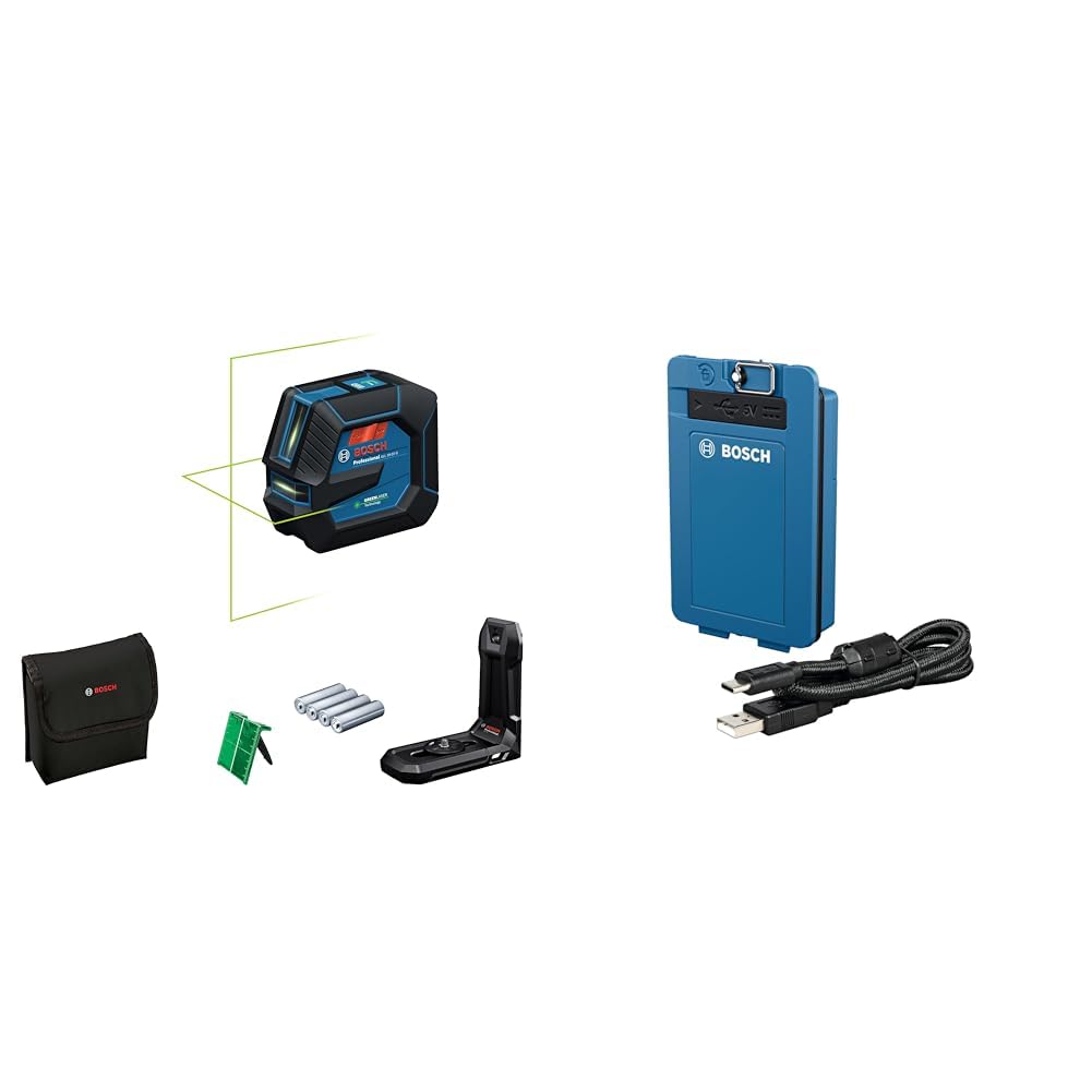 Bosch Professional Nivel láser GLL 20-22 G (soporte LB 10, láser verde, uso en interiores, 4 pilas LR6 de 1,5 V) + BA 3.7V 3.0Ah XL - Batería de Ion de Litio (Puerto de Carga USB-C)