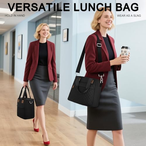 Insulated Lunch Box for Women & Men - Large Thermal Lunch Bag Women with Removable Shoulder Strap, Reusable Lunch Cooler Tote Bags Purse for Adults Work, Picnic, Hiking, Beach, Travel, Medium,Black