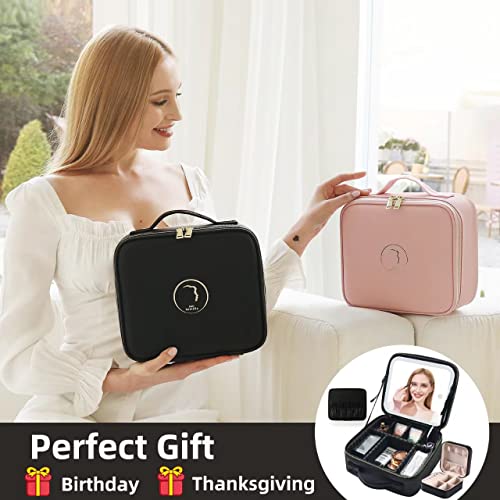 Travel Makeup Case With Led Light Mirror, Portable Waterproof Makeup Bag With 3 Adjustable Color Brightness Professional Cosmetic Train Case Organizer With Adjustable Dividers (Sn-Black) #TOP5