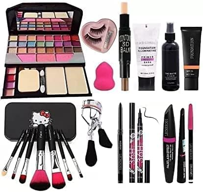 Raytrix TYA 6155 Makeup Kit and 7 Black Makeup Brushes,Contour Stick,Primer,Fixer,Foundation,Kajal,36H Eyeliner,Eyelashes & Curler, Beauty Blender & 3in1 Liner,Mascara,Eyebrow Pencil - (Pack of 20)