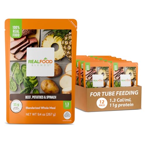 Image of Real Food Blends Beef, Potatoes & Spinach - Pureed Food Meals for Tube Feeding with Protein, Vegetables & Fruits - 330 Calories for Lunch & Dinner - 9.4 oz (Pack of 12)
