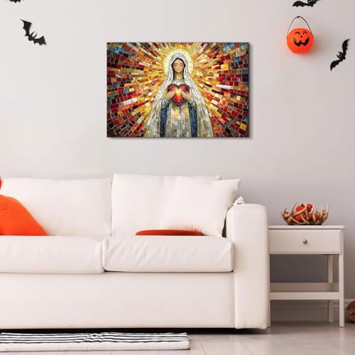 Image of Abstract Stained Glass Virgin Mary Canvas Wall Art for Bedroom Christian Wall Decor Religious Sacred Heart Painting Modern Aesthetics Posters Framed Artwork for Living Room Bathroom Decorations 16x24 inch