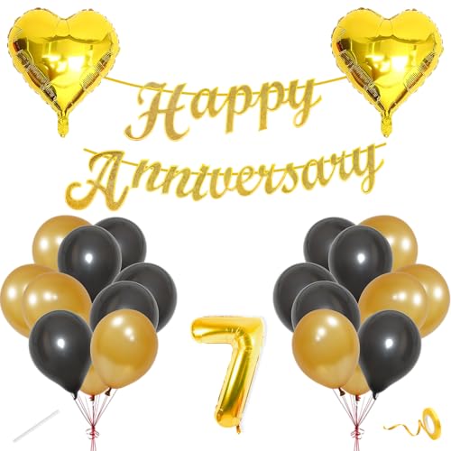 Image of Flyloons 7th Happy Anniversary Decoration Items Gold Black for Men Women Husband Wife Mom Dad Parent Couple Home Bedroom Car With 20 Pcs Metallic Balloons Anniversary Banner 2 Pcs Heart Set Kit Golden