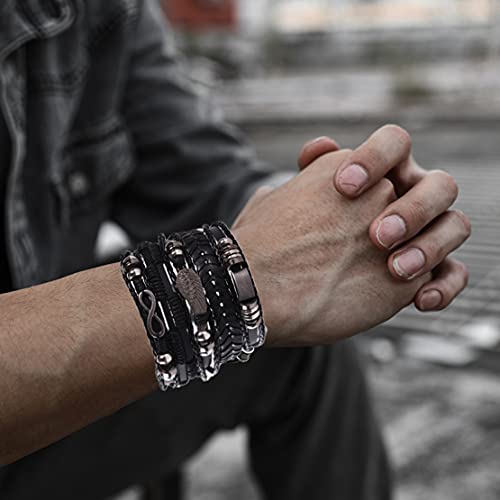 Wainis 6 Pack Mens Black Leather Bracelets Set For Men Stackable Braided Cuff Bracelet Tribal Punk Rock Handmade Wristband #TOP2