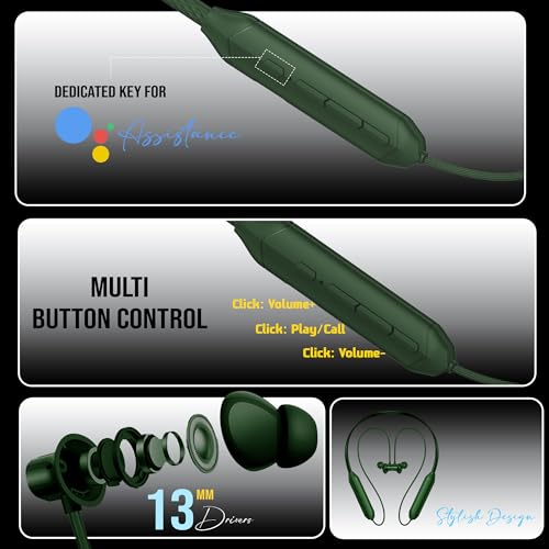 Image of Kratos Green Bluetooth Neckband with 55H Playtime, Deep Bass, Stereo Sound, HD Calls, Magnetic Earbuds, Voice Assistant, Type-C Fast Charging, Rich Audio, Hollow Switch for Comfort & Style
