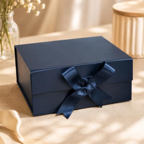 Image of Kura by Ekhasa Foldable Large Multipurpose Gift Hamper Box (21.5 x 21 x 9.5 cm) with Magnetic Closure & Ribbon | Blue Rigid Cardboard Empty Reusable Packing Box | Birthday, Wedding & Festive Gifting