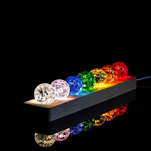 7 Colors Ice Cracked Balls with LED Wooden Base 40mm Healing Sphere Balls Set Crystal Chakra Night Light Decor for Home