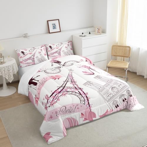 Image of Paris Eiffel Tower Bedding Set for Girls Kids Couple Lover Romantic French Comforter Trip Design Comforter Set Pink White Room Decor Famous Cityscape Duvet Set Twin Size Bedspreads Coverlet Sets Boys