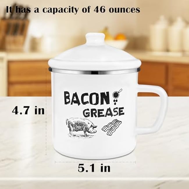 1.5L Bacon Grease Container with Strainer, 46oz Large Enamel Rustic Farmhouse Fat Container With Lid & Spoon, Bacon Grease Keeper for Kitchen Cooking or Frying Oil