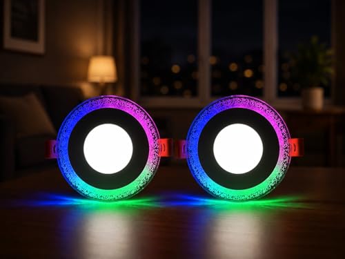 Image of OLIPS 6W (3+3) LED Ceiling Panel Down Light | Dual Color Change by On /Off Switch | Fan Box POP Decorative LED | White Center & Color Ring Design (Multicolor, 2)