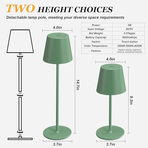 Image of Kakanuo Cordless Table Lamp Rechargeable Green - KK 2 Pack 5000mAH Battery Operated Lamp for Dining Table, 3 Color Stepless Dimming Wireless Lamp for Counter, Outdoor Patio, Touch Control