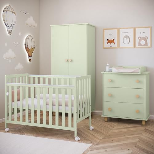 zee Bambi Cuna Colecho Bebe 120x60 cm Verde Menta con Ruedas Lateral Abatible Somier Regulable 3 Alturas Cuna Portatil Bebe