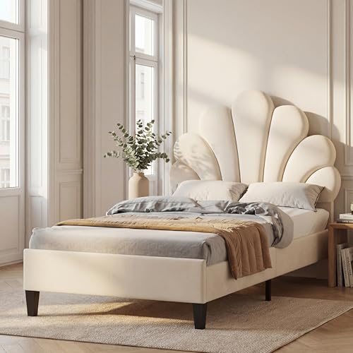 BPKADHY Polsterbett 90x200 cm Kinderbett Mädchenbett mit Lattenrost, Bett mit verstellbares Kopfteil in Muschelform, Einzelbett Bettgestell, für Schlafzimmer, Loft, Samtstoff, Beige