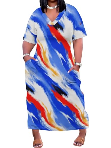 Image of PinkPatty Women's Plus Size Short Sleeve Maxi Dress Casual Loose V Neck Long Dress with Pockets