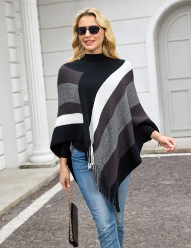 Ferand Women's Striped Poncho Sweater Cozy Knit Fringe Shawl Wraps for Fall Winter4