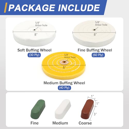 Image of SCOTTCHEN 8inch Buffing Polishing Wheels 5 /8 inch Arbor Hole,Soft /Fine /Medium for Bench Grinder-3PCS,with Buffing Polishing Cutting Compounds 7.4 Oz.Kit