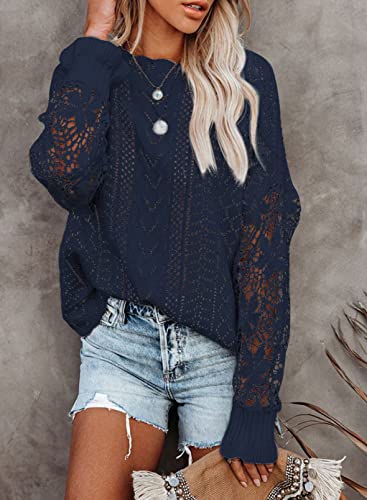 Image of Dokotoo Womens Crewneck Crochet Lace Long Sleeve Hollow Out Cable Knit Sweaters Pullover Tops