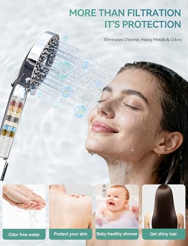 Image of Magichome Filtered Shower Head with Handheld, 10-Mode Adjustable Detachable Chrome Showerhead w /Stainless Hose, Water Softener Filter Beads for Hard Water - Remove Chlorine, Reduce Dry Itchy Skin