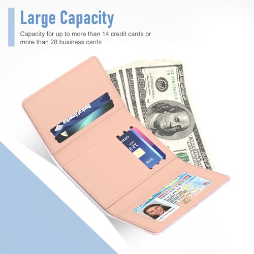 Image of Rouidr Womens Wallet, Small Slim RFID Card Wallets for Women, Cute Front Pocket Trifold Leather Card Organizer with 7 Slots & ID Window, Peach Pink Marble