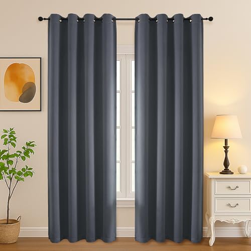 Image of Simplebrand Grey Curtains for Bedroom Living Room 90 Inches Long 2 Panels Set, Room Darkening Thermal Insulated Curtains & Drapes, Solid Grommet Noise Reducing Window Treatment, W50 x L90 Inch