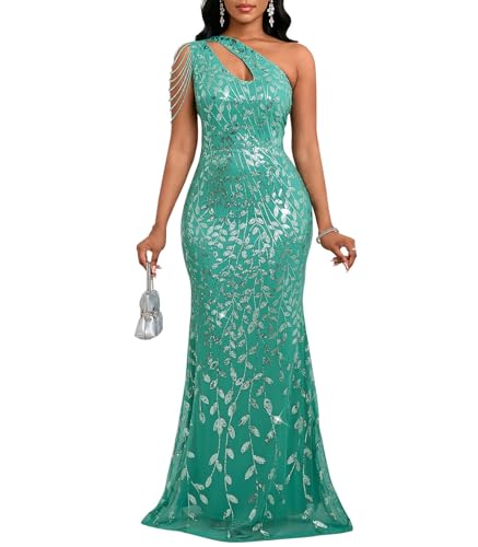 Image of Cololura Women Sequin Elegant Sexy One Shoulder Tassel Mermaid Bodycon Cocktail Evening Dress