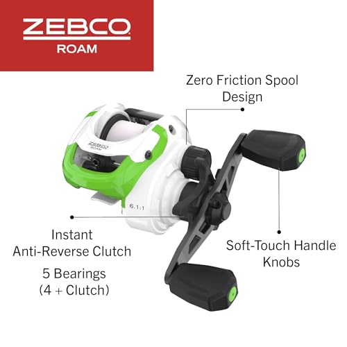 Zebco Roam Baitcast Reel and Fishing Rod Combo, 6-Foot 6-Inch 2-Piece Medium-Heavy Power, Fast Action Rod, DynaMag Cast Control, 6.1:1 Gear Ratio, 12-Pound Line, Left-Hand Retrieve, Green/White/Black - Thumbnail 5