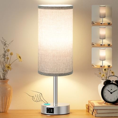 Image of PreeOtti Grey Bedside Lamp, Touch Lamp with 3-Way Dimmable Touch Control, Silver Base(Bulb Included)