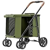 JQWD Dog Stroller, 4 Wheels Folding Cat Dog Pram with Large Storage Bag, 360 ° Universal Front Wheel, Pet Stroller for Small Dogs(Green)