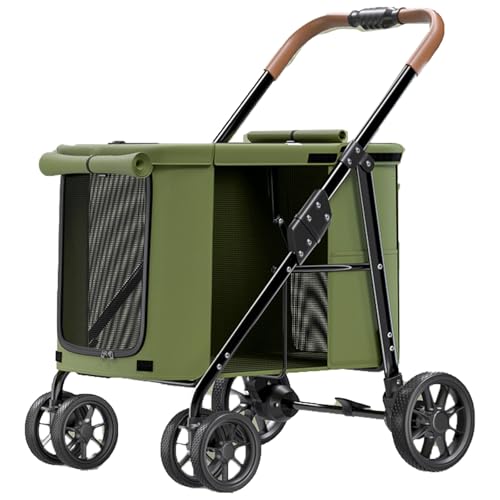 JQWD Dog Stroller, 4 Wheels Folding Cat Dog Pram with Large Storage Bag, 360 ° Universal Front Wheel, Pet Stroller for Small Dogs(Green)