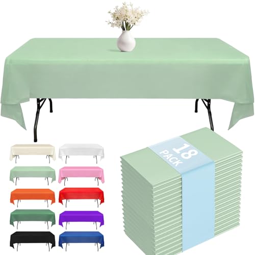 Fixwal Plastic Table Cloth Disposable 18 Pack, 54 x 108 Inch Table Cloths, Easter Party, Decorative Tablecloths, Rectangle, Light, Pastel Plastic Cover, Leakproof & Sturdy, Sage Green