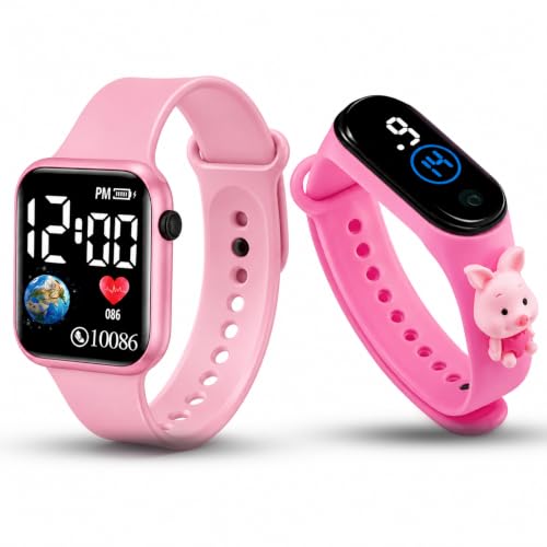 GOLDENIZE FASHION Stylish Waterproof Kids Digital Date and Time Black Pink Square Rectangular Display Watch for Kids Unisex Digital Watch for Baby Boys & Girls Kid | Pack of 2 (Pink)