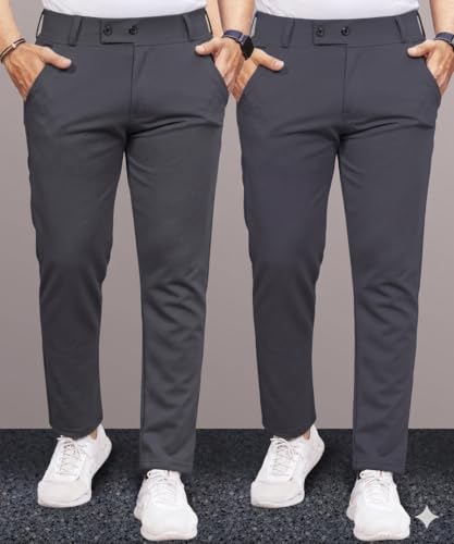 Image of Men's Slim Fit Lycra Formal Trousers Combo | Stretchable Smart Casual Pants for Office Wear | Mid-Rise Flat Front Stylish Chinos