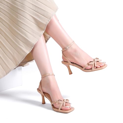 Image of Goderci Kitten Heels with Bow Strappy Heels for Women | Square Open Toe, Mid Heeled Sandals