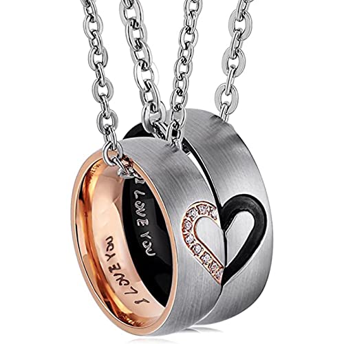 Brateuanoii Collier Couple,Anneaux Pendentif, Bague Homme, Femme Or Rose En Acier Inoxydable,Cœur Amour Éternel Classique Avec Chaîne De Métal Cadeau Pour La...