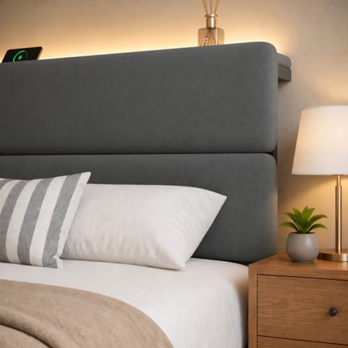 Image of Queen Bed Frame with 2 Storage Drawers, Grey Velvet Upholstered | Platform Bed with Charging Ledge, LED Headboard Lighting, Metal Support, Noise Free, No Box Spring Needed, Easy Assembly
