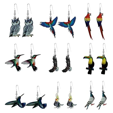 KVANU 9 Pairs Unique Novelty Lightweight Parrot Owl Dove Bird Acrylic Dangle Drop Earrings Creative Cool Eagle Earrings For Women Personalized Cute Animal Jewelry Gifts (9 Pairs) Cover