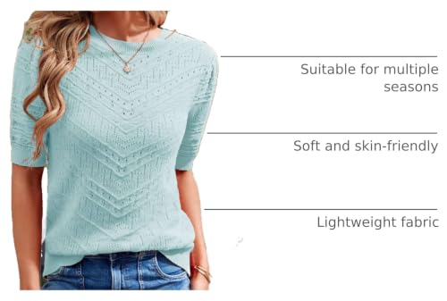 Image of Womens Puff Short Sleeve Sweater Summer Crew Neck Ribbed Knit Pullover Tops