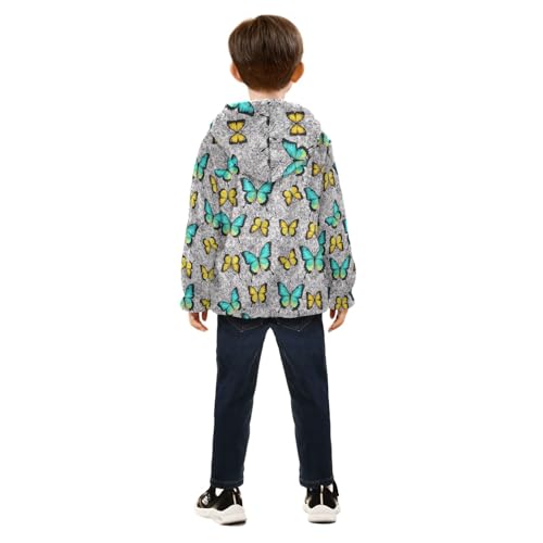 Butterflies Teal Yellow Boy Hooded Jacket, Comfy Light Fleece Jacket 3T4