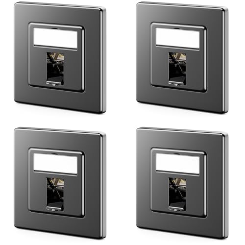 deleyCON 4 x CAT7 Network Sockets 1 Port LAN Socket Connection Box Data Socket Flush-Mounted Box + 4x CAT 7 Keystone Module 45° Angled Outlet RJ45 DSL Network Patch Cable Installation Cable - Black