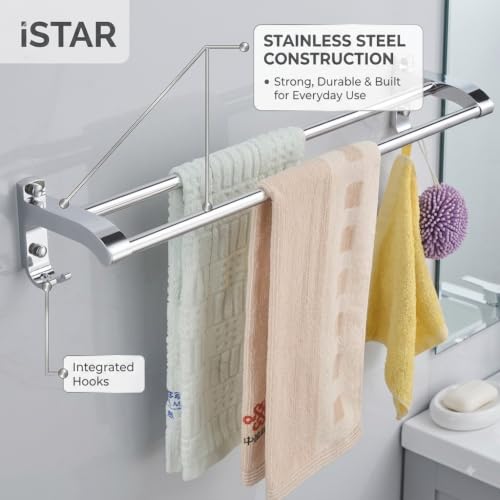 Image of iSTAR Double Rod Towel Holder - Stainless Steel Wall Mounted 2 Bar Towel Rack, 24 Inch Rust-Proof Chrome Finish (Silver, Pack of 4)