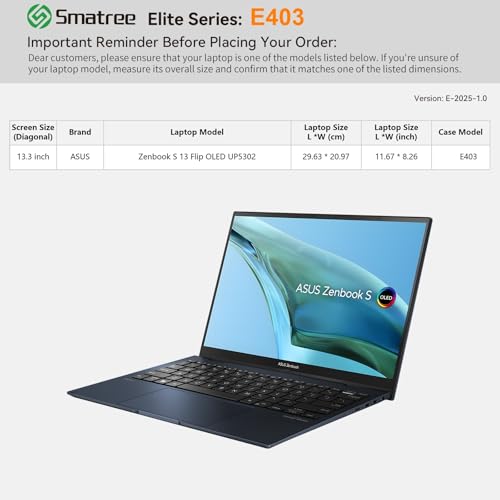 Image of Smatree Laptop Sleeve for 13.3 inch ASUS Zenbook S 13 Flip OLED UP5302,Case with Pocket,YKK Zipper,Patented Shockproof Design(E403)