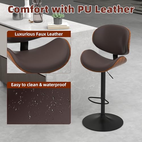civama Brown Bar Stools Set of 2 for Kitchen Counter, Adjustable Bar Height Chairs, Modern Swivel Barstools with Bentwood Seat and Back with Footrest, for Kitchen Island, Dining Room, Brown PU Leather
