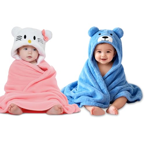 Image of OYO BABY Newborn Baby Blanket & Bath Towel /Bath Robe Combo Pack - 2 Pieces, Fleece (Pink Kitty & Blue Bear), Multi-Use for Babies 0-12 Months