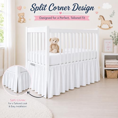 Image of Crib Bed Skirt Dust Ruffle with Split Corners - 100% Cotton - Nursury Standard Crib Bedding Toddler Bedskirt for Baby Boys or Baby Girls - 14 inch Drop - White Crib Skirt