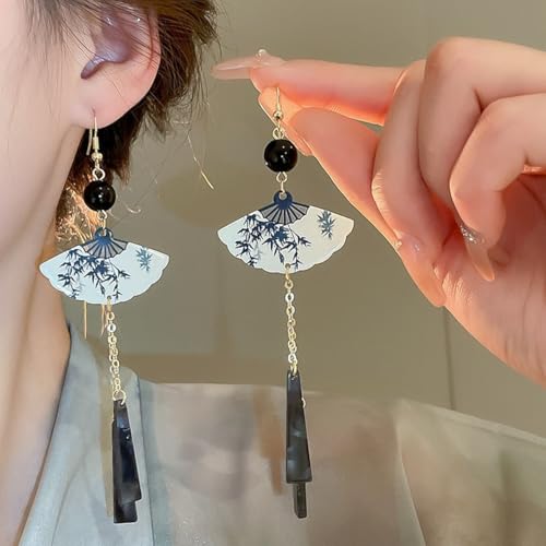 Handmade Resin Fan Dangle Earrings for Women Beautiful Sector Aesthetic Earrings Cheongsam Antique Style Chinese Japanese Vintage Lightweight Sterling Silver Stud Statement Unique Jewelry2